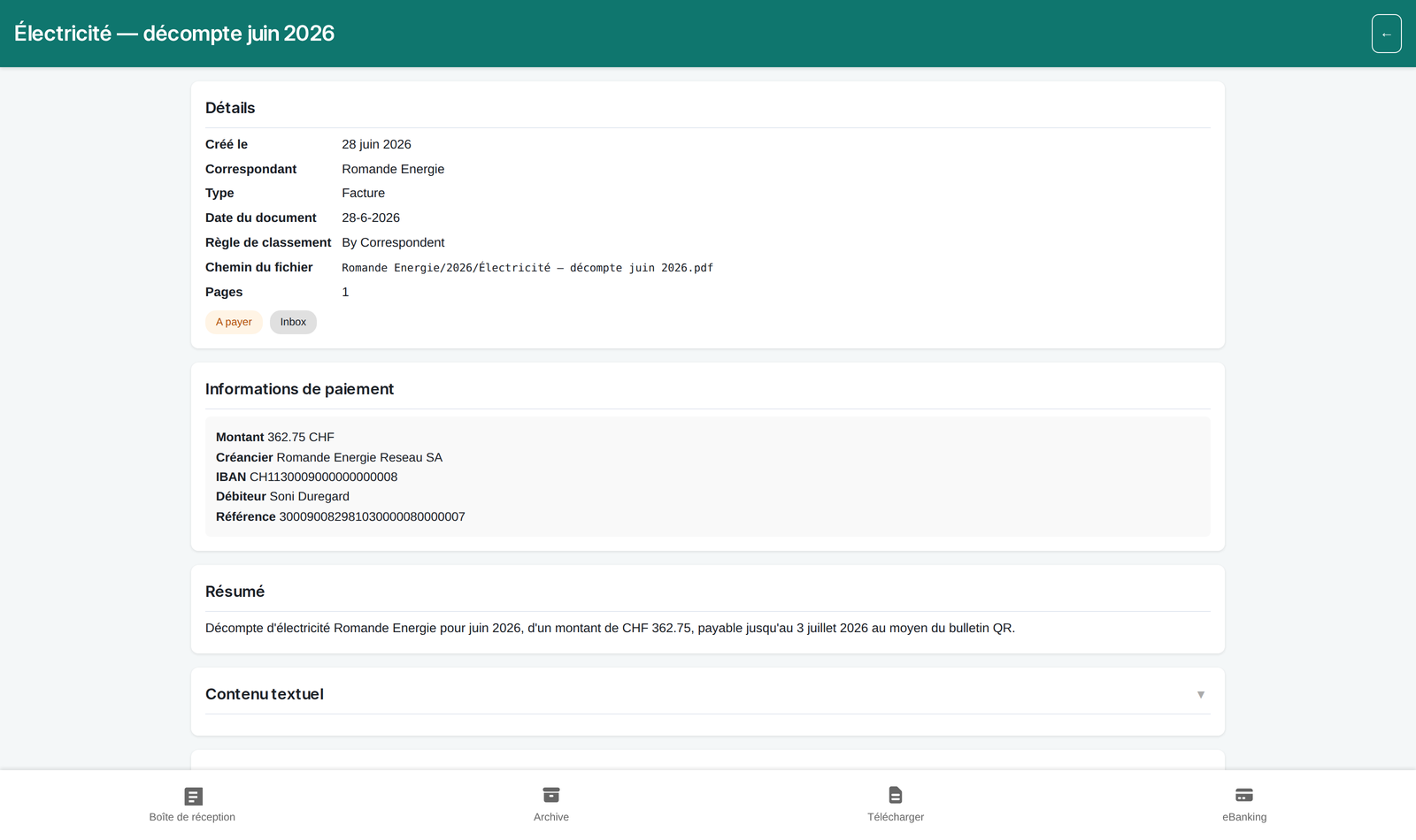 Document classé automatiquement avec résumé