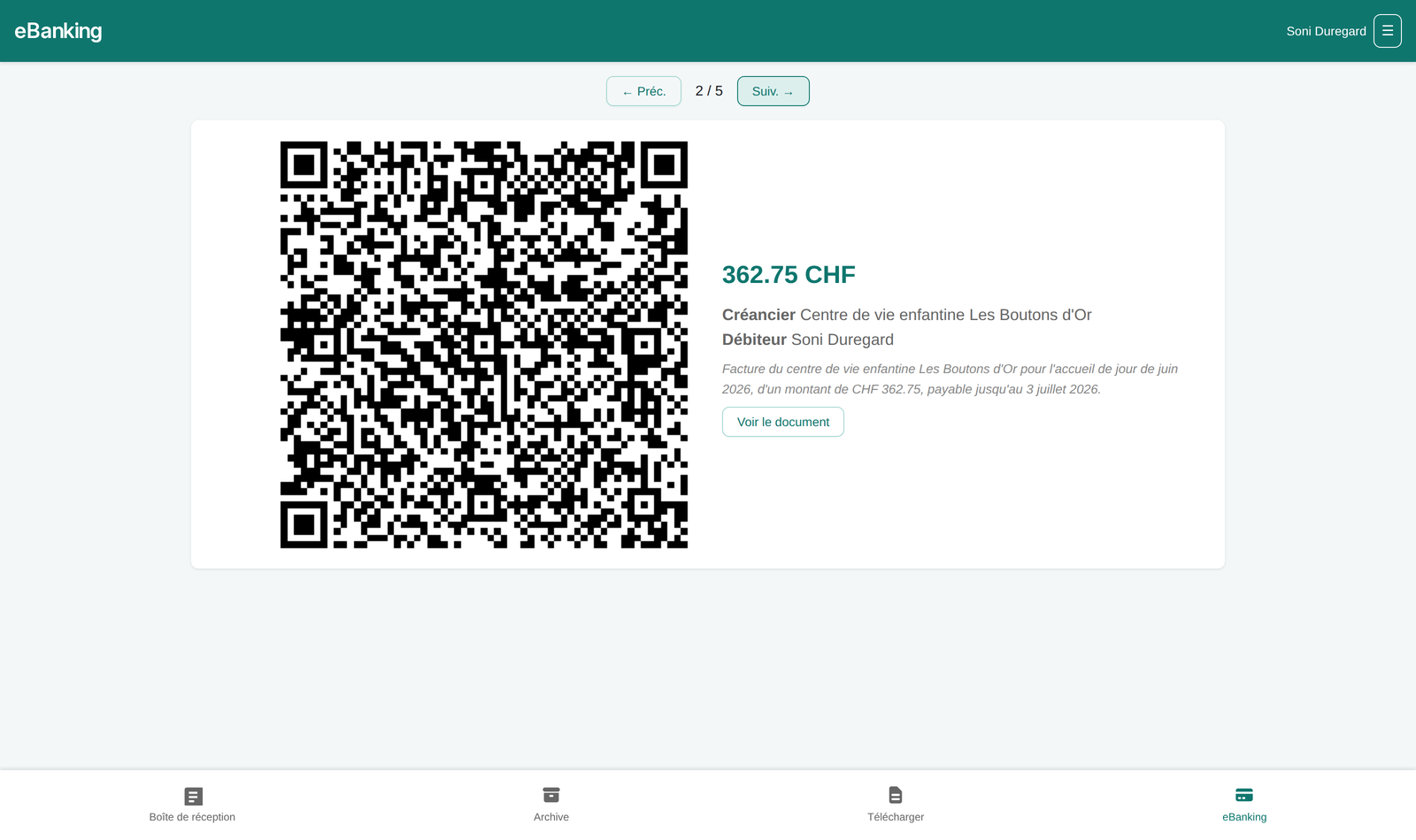 Vue eBanking avec QR-code de paiement